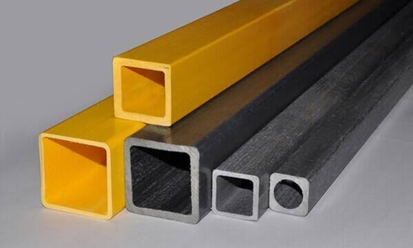 पहेँलो fiberglass र कालो carbon fibre का pultruded FRP वर्गाकार तथा गोलाकार प्रोफाइल